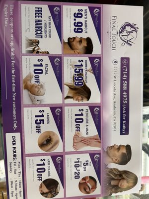 BIG DISCOUNT FOR SEPTEMBER .NEW CUSTOMERS ONLY. 1ST TIME VISIT - This coupons valid until SEP 15.2026 . FOR NEW CLIENTS ONLY AT FINAL TOUCH BEAUTY SALON ANAHEIM CA PLEASE CALL 714-761-2945 OR 714-588-4975 BIG DISCOUNT FOR SEPTEMBER .NEW CUSTOMERS ONLY. 1ST TIME VISIT - This coupons valid until SEP 15.2026 . FOR NEW CLIENTS ONLY AT FINAL TOUCH BEAUTY SALON ANAHEIM CA PLEASE CALL 714-761-2945 OR 714-588-4975