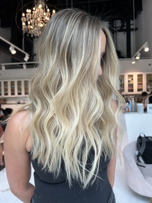 Full Blonding service - We did a Full Blonding Service on this client which includes a mixture of Babylights and Teased Foilage throughout the whole head. We then did a Root shadow and Toner and concluded with a long layered haircut. Full Blonding service - We did a Full Blonding Service on this client which includes a mixture of Babylights and Teased Foilage throughout the whole head. We then did a Root shadow and Toner and concluded with a long layered haircut.
