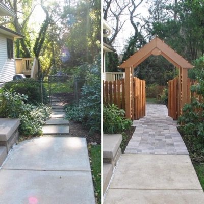 MainStreet Fence Before & After - MainStreet Fence replaced an existing chain link fence with spaced picket fence sections and a custom arbor MainStreet Fence Before & After - MainStreet Fence replaced an existing chain link fence with spaced picket fence sections and a custom arbor