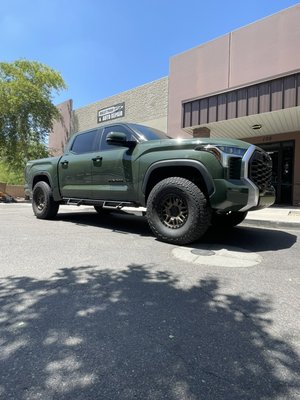 2023 Toyota Tundra build. - To fit 37’s we used King coilovers and shocks, Westcott designs body mount chop/fender tuck, and Mazzulla front and rear control arms.