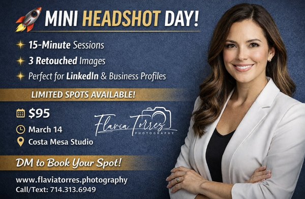 Headshots & Portraits  Photographer - Your photo is your handshake online. Make it strong, confident, and unforgettable.
Flavia Torres (Vitty) offers a variety of outfits, professional lighting, backdrops, and retouching to make your portraits a fine art and a magazine style.