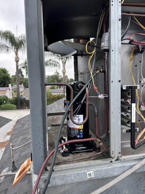 Compressor replacement - This rooftop unit had a grounded compressor and it wasn't easy to track down a new one. All the other companies recommended replacing the whole unit which was only 5 years old, i went ahead and was able to track one down and save the customer some hard earned cash, the job went great and takes about 4-6 hours start to finish.