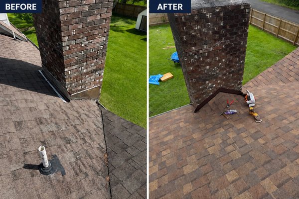 Chimney cricket - We installed a custom-fabricated chimney cricket behind the chimney to improve water drainage and help prevent leaks. The cricket is designed to split and redirect rainwater around both sides of the chimney, reducing water buildup that can lead to flashing failures, roof leaks, wood rot, and premature roof deterioration. Properly integrated flashing and shingle installation help ensure long-term protection and performance.
