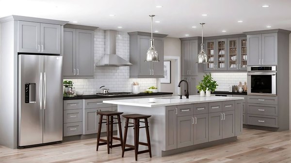 Custom Cabinets -Design the Perfect Layout - Kitchens featuring white & grey shaker kitchen cabinets paired with engineered quartz countertops. Clean Lines and Classic Look.