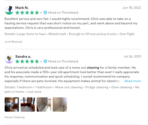 5 Star Client Testimonials - Call or message us today to schedule your Affordable Junk Removal & Home Cleaning Services for your unoccupied property. 5 Star Client Testimonials - Call or message us today to schedule your Affordable Junk Removal & Home Cleaning Services for your unoccupied property.