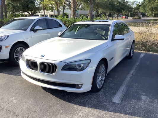 BMW service and repair - This 2012 BMW 750il needed a lot of help. I was leaking oil badly from the valve covers, leaking coolant from an upper radiator hose, had the check engine light on, a light out, worn tires, and was due for service. We repaired all of the concerns and performed the service due. We replaced tires and aligned vehicle. We were able to use the extended warranty the customer had and most of the repairs were covered by warranty. We supplied a loaner car and a car wash with the service.