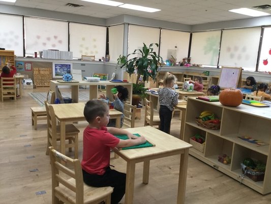 Pre-School (3-5 years) - Our preschool classrooms are Montessori environments, with the materials and philosophy of Maria Montessori. Each classroom is multi-age, with children from 3 years to 5 years of age. Each morning includes a period of individual or small group activities, a school provided snack, group time (book, songs, discussions) and outside play (weather permitting). After lunch, children have the opportunity to nap, but it is not required.
The focus of our program is to encourage independence, focus, physical abilities, social skills, communication and the beginnings of self-regulation through quality materials, carefully designed activities and modeling. We do not push the child into academics, rather we present them with new concepts as they are ready and allow them to progress according to their ability and interest. As Maria Montessori said, we "follow the child." Ours is an individualistic approach that allows each child to develop at their own speed with encouragement and support. It is our goal to provide them with a firm foundation of organization, curiosity, determination and tenacity that will lead to success in their future.
We offer daily schedules that are 9-12, 9-3 or 7-6 attending 3, 4 and 5 days per week. We provide at least 2 snacks each day and parents provide lunches. Pre-School (3-5 years) - Our preschool classrooms are Montessori environments, with the materials and philosophy of Maria Montessori. Each classroom is multi-age, with children from 3 years to 5 years of age. Each morning includes a period of individual or small group activities, a school provided snack, group time (book, songs, discussions) and outside play (weather permitting). After lunch, children have the opportunity to nap, but it is not required.
The focus of our program is to encourage independence, focus, physical abilities, social skills, communication and the beginnings of self-regulation through quality materials, carefully designed activities and modeling. We do not push the child into academics, rather we present them with new concepts as they are ready and allow them to progress according to their ability and interest. As Maria Montessori said, we "follow the child." Ours is an individualistic approach that allows each child to develop at their own speed with encouragement and support. It is our goal to provide them with a firm foundation of organization, curiosity, determination and tenacity that will lead to success in their future.
We offer daily schedules that are 9-12, 9-3 or 7-6 attending 3, 4 and 5 days per week. We provide at least 2 snacks each day and parents provide lunches.