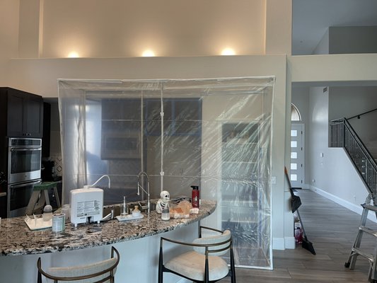 Mold abatement in kitchen with high ceilings - Building a containment around affected areas which give us are work area and allows homeowners to access unaffected areas. Setting a containment this way takes a little more time but also doesn’t contain off the whole room. When you the “homeowner “ do not have to worry about where you are going to cook dinner or make breakfast it removes a layer of stress and lets us be less intrusive. That is always our goals, to provide quality and honest work and help make the process stress free as possible.  Mold abatement in kitchen with high ceilings - Building a containment around affected areas which give us are work area and allows homeowners to access unaffected areas. Setting a containment this way takes a little more time but also doesn’t contain off the whole room. When you the “homeowner “ do not have to worry about where you are going to cook dinner or make breakfast it removes a layer of stress and lets us be less intrusive. That is always our goals, to provide quality and honest work and help make the process stress free as possible. 