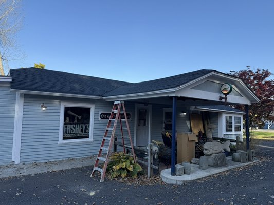 Gutters and downspouts on an old gas station. - Replaced old plastic gutters and installed new aluminum case style gutters in 5 inch with 2 x 3. Gutters and downspouts on an old gas station. - Replaced old plastic gutters and installed new aluminum case style gutters in 5 inch with 2 x 3.
