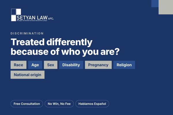 Discrimination - Passed over, demoted or fired because of your race, age, sex, disability, pregnancy or religion? California law protects you. We help employees document what happened and hold employers accountable. Free consultation, and No Win, No Fee.