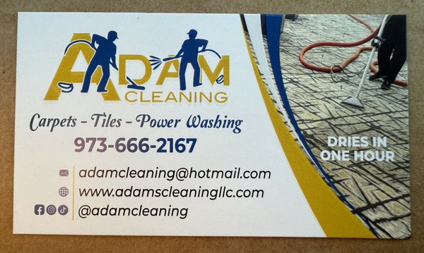 Business Card - Adams Cleaning is your trusted expert for carpet, tile, and power washing services in New Jersey. With over 24 years of experience, we specialize in deep steam cleaning using truck-mounted hot water extraction, ensuring powerful stain removal and fast drying times. Our professional team serves both residential and commercial clients, including major brands like Wendy’s, Hilton, and Pizza Hut. Whether you need fresh carpets, sparkling tile & grout, or a deep exterior clean, we guarantee top-quality results at the best prices.
📞 Call us today for a free quote! Business Card - Adams Cleaning is your trusted expert for carpet, tile, and power washing services in New Jersey. With over 24 years of experience, we specialize in deep steam cleaning using truck-mounted hot water extraction, ensuring powerful stain removal and fast drying times. Our professional team serves both residential and commercial clients, including major brands like Wendy’s, Hilton, and Pizza Hut. Whether you need fresh carpets, sparkling tile & grout, or a deep exterior clean, we guarantee top-quality results at the best prices.
📞 Call us today for a free quote!