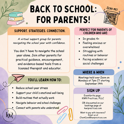 Back to School: For Parents! - Our group dates/times have been selected!
About This Group: Beginning in September, this 6-week group offers a supportive space for parents of children in grades 4 and older to discuss academic pressures, social dynamics, behavioral concerns, and family routines.
Led by a licensed therapist and educator, the group combines professional support, practical tools, and meaningful connection with other parents facing similar experiences.
Group sessions will be held on Mondays at 7pm CT for parents in IL & WI. Feel free to use this form if you are interested or have questions. If you would like to use your insurance to pay for sessions, please email us at ClientCare@kwrpractices.com
Learn more on the KWR Blog: Back to School Support Group for Parents: Coming This Fall!
https://www.kwrpractices.com/post/back-to-school-support-group-for-parents-coming-this-fall
Weekly Agendas:
September 14: Navigating the B2S Transition
September 21: Creating Healthy Family Routines
September 28: Managing Parent Stress and Anxiety
October 5: Supporting Emotional Regulation in Kids
October 12. Helping Children Thrive Socially
October 19. Communication and Long-Term Academic Success
Book on our website for a discounted rate or book on Eventbrite!
https://www.kwrpractices.com/schedule-a-session
https://www.eventbrite.com/e/1996703134826?aff=oddtdtcreator Back to School: For Parents! - Our group dates/times have been selected!
About This Group: Beginning in September, this 6-week group offers a supportive space for parents of children in grades 4 and older to discuss academic pressures, social dynamics, behavioral concerns, and family routines.
Led by a licensed therapist and educator, the group combines professional support, practical tools, and meaningful connection with other parents facing similar experiences.
Group sessions will be held on Mondays at 7pm CT for parents in IL & WI. Feel free to use this form if you are interested or have questions. If you would like to use your insurance to pay for sessions, please email us at ClientCare@kwrpractices.com
Learn more on the KWR Blog: Back to School Support Group for Parents: Coming This Fall!
https://www.kwrpractices.com/post/back-to-school-support-group-for-parents-coming-this-fall
Weekly Agendas:
September 14: Navigating the B2S Transition
September 21: Creating Healthy Family Routines
September 28: Managing Parent Stress and Anxiety
October 5: Supporting Emotional Regulation in Kids
October 12. Helping Children Thrive Socially
October 19. Communication and Long-Term Academic Success
Book on our website for a discounted rate or book on Eventbrite!
https://www.kwrpractices.com/schedule-a-session
https://www.eventbrite.com/e/1996703134826?aff=oddtdtcreator