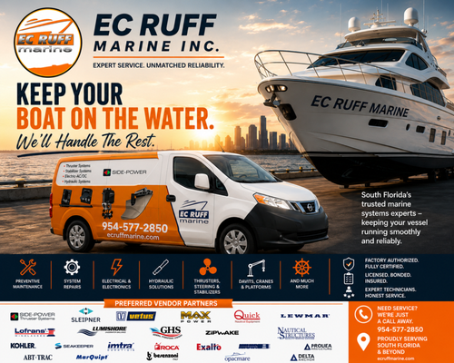 Factory-Authorized Marine Service - EC Ruff Marine completed a comprehensive marine systems upgrade and service to improve the vessel's performance, reliability, and safety. Our factory-trained technicians installed and serviced critical onboard systems, including thrusters, hydraulic components, electrical systems, and marine accessories using OEM-quality parts and industry-leading equipment. Every project is performed with precision, thorough testing, and attention to detail to ensure dependable operation on the water. Since 1988, EC Ruff Marine has been trusted by boat owners, captains, and yacht management companies throughout South Florida for professional marine installations, repairs, and preventive maintenance. Factory-Authorized Marine Service - EC Ruff Marine completed a comprehensive marine systems upgrade and service to improve the vessel's performance, reliability, and safety. Our factory-trained technicians installed and serviced critical onboard systems, including thrusters, hydraulic components, electrical systems, and marine accessories using OEM-quality parts and industry-leading equipment. Every project is performed with precision, thorough testing, and attention to detail to ensure dependable operation on the water. Since 1988, EC Ruff Marine has been trusted by boat owners, captains, and yacht management companies throughout South Florida for professional marine installations, repairs, and preventive maintenance.