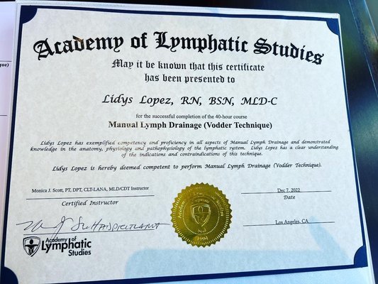 Certifications - Registered Nurse certified in Manual lymphatic Drainage and post plastic surgery care. Certifications - Registered Nurse certified in Manual lymphatic Drainage and post plastic surgery care.