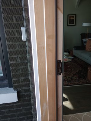 Door frame patch - The door frame had suffered under attempts at repair by other guys, leaving it in a state where it wasn't closing properly. I cut out and patched the frame with some Maple stock, giving it more strength than it had originally. This will outlast the door. Door frame patch - The door frame had suffered under attempts at repair by other guys, leaving it in a state where it wasn't closing properly. I cut out and patched the frame with some Maple stock, giving it more strength than it had originally. This will outlast the door.