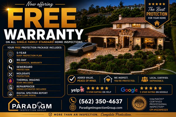 Summer Special! - Receive our FREE Protection Package with every standard single-family home inspection. Includes a 5-Year Roof Warranty, SewerGard, MoldSafe, 90-Day Mechanical Warranty, Thermal Imaging, and RepairPricer. All designed to give you greater peace of mind when buying a home.
We can also arrange for you to receive a FREE termite inspection also. Call today for details 😊 Summer Special! - Receive our FREE Protection Package with every standard single-family home inspection. Includes a 5-Year Roof Warranty, SewerGard, MoldSafe, 90-Day Mechanical Warranty, Thermal Imaging, and RepairPricer. All designed to give you greater peace of mind when buying a home.
We can also arrange for you to receive a FREE termite inspection also. Call today for details 😊