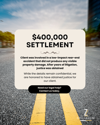 $400,000 Settlement - Back surgery - $400,000 Back surgery | Client was involved in a low-impact rear-end accident that did not produce any visible property damage. After years of litigation, justice was obtained.

Disclaimer: This advertisement is for informational purposes only and does not constitute legal advice.
Viewing this advertisement does not establish an attorney-client relationship. Past results do not guarantee future outcomes. For legal advice specific to your situation, please consult an attorney.
