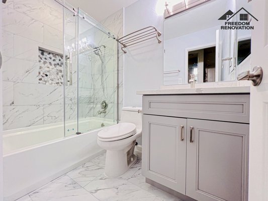 Bathroom Shower and Vanity San Diego - 70s bathroom with limited vanity spacing. Freedom Renovation send our team to transfor them into modern bathroom with all function. Bathroom Shower and Vanity San Diego - 70s bathroom with limited vanity spacing. Freedom Renovation send our team to transfor them into modern bathroom with all function.