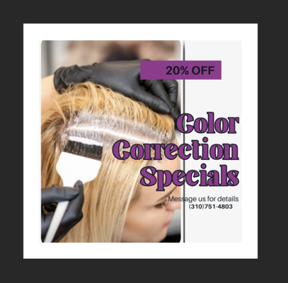 Color Correction - At SONIAS, we specialize in expert color correction to restore your hair’s beauty and vibrancy. Whether you're fixing a DIY mishap, adjusting uneven tones, or transitioning to a new shade, our skilled stylists use advanced techniques and high-quality products to achieve flawless results. Let us help you regain confidence with hair color that looks healthy, balanced, and stunning. Color Correction - At SONIAS, we specialize in expert color correction to restore your hair’s beauty and vibrancy. Whether you're fixing a DIY mishap, adjusting uneven tones, or transitioning to a new shade, our skilled stylists use advanced techniques and high-quality products to achieve flawless results. Let us help you regain confidence with hair color that looks healthy, balanced, and stunning.