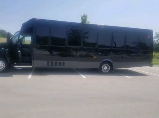 Black Limousine Bus - Bluetooth, Leather Seats, Rear AC, Interactive Lights & Cooling Space For Drinks & Ice. Book a Resveration today!