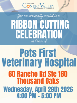 Chamber of Commerce Ribbon Cutting - Please join us for our official ribbon cutting with the Conejo Valley and Ventura County Cambers of Commerce on April 29, 4pm. There will be lots of giveaways, hospital tours, and snacks/drinks will be provided. Families and pets are welcome!

https://www.conejochamber.org/events/details/ribbon-cutting-ceremony-pets-first-veterinary-hospital-13695