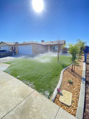 Sod Installation - This front lawn was in need of this landscape design, it went from a small lawn with mulch around to a beautiful lawn. This here is a tall fescue installation, sprinkler system installation, rock installation, curbing install, and planting. We can do it all. We can remodel your lawn Sod Installation - This front lawn was in need of this landscape design, it went from a small lawn with mulch around to a beautiful lawn. This here is a tall fescue installation, sprinkler system installation, rock installation, curbing install, and planting. We can do it all. We can remodel your lawn