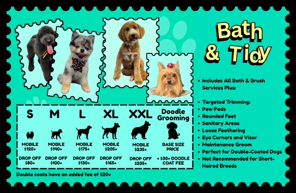 Bath & Tidy - A step up from Bath & Brush — targeted trimming of paw pads, sanitary areas & feathering, plus everything in our bath package. Mobile or drop-off, S–XXL. Great for double-coated breeds. Bath & Tidy - A step up from Bath & Brush — targeted trimming of paw pads, sanitary areas & feathering, plus everything in our bath package. Mobile or drop-off, S–XXL. Great for double-coated breeds.