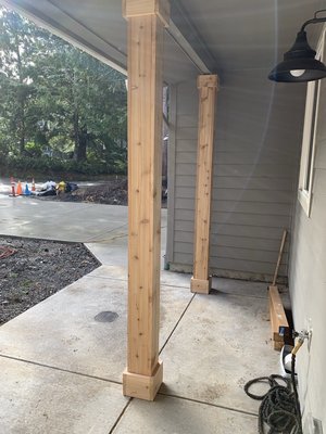 Cedar wrapped 6x6 posts - These posts were originally 4x4 pressure treated posts that we furred out into 6x6’s then wrapped in cedar planks to be stained a darker color. A very budget friendly option to spruce up your homes exterior entrance. This job took one day to complete Cedar wrapped 6x6 posts - These posts were originally 4x4 pressure treated posts that we furred out into 6x6’s then wrapped in cedar planks to be stained a darker color. A very budget friendly option to spruce up your homes exterior entrance. This job took one day to complete