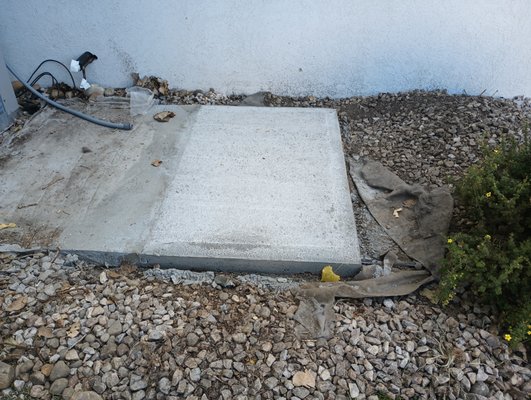 Concrete Slab 2023 - This concrete slab was an addition to an already existing concrete slab for an AC unit. Removed rock, dirt, a small bush, and leveled entire area. Built and leveled concrete forms, installed rebar for reinforcement and laid layer of gravel for leveling. Mixed, poured and finished concrete. Concrete Slab 2023 - This concrete slab was an addition to an already existing concrete slab for an AC unit. Removed rock, dirt, a small bush, and leveled entire area. Built and leveled concrete forms, installed rebar for reinforcement and laid layer of gravel for leveling. Mixed, poured and finished concrete.