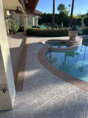 Custom pool deck repair with new acrylic lace, color and design. - Remove and replace existing pool deck with new acrylic lace installation with custom color and design. Custom pool deck repair with new acrylic lace, color and design. - Remove and replace existing pool deck with new acrylic lace installation with custom color and design.