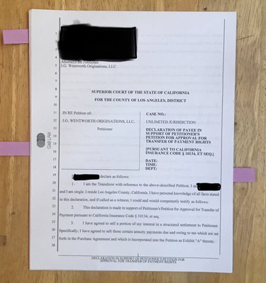 Annuity or Settlement Contracts - This is an Annuity from J.G.Wentworth. We make the process easy for the customer by printing the documents, marking the signature spaces, and ship or scan back the documents to the Lawyer or settlement company. These types of documents take no more than 20 mins to complete. Annuity or Settlement Contracts - This is an Annuity from J.G.Wentworth. We make the process easy for the customer by printing the documents, marking the signature spaces, and ship or scan back the documents to the Lawyer or settlement company. These types of documents take no more than 20 mins to complete.