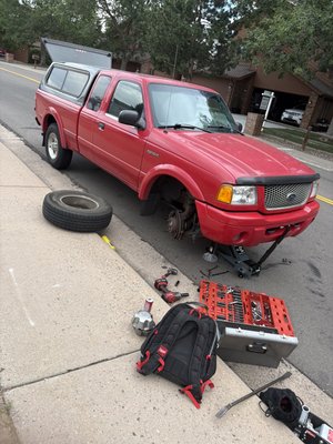 Ford Ranger front end rebuild!! - We rebuilt the front end on this 2000 Ford Ranger, lower control, arms, upper control, arms, front hubs, new inner and outer torrid ends, new swaybar end links and swaybar bushings!!!