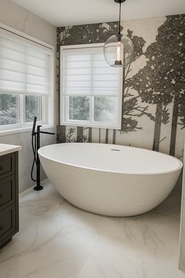 Woodinville Spa Retreat – emphasizes the relaxing, spa-like feel of the bathroom - This master suite renovation in Woodinville, WA was designed to combine modern luxury with everyday comfort. The spa-inspired bathroom features a sculptural freestanding tub, marble-look tile, a custom accent wall, and a sleek heated towel rack for added comfort. Warmth and coziness are enhanced with a state-of-the-art heated floor system, creating a true spa-like experience year-round. The water closet and vanity areas were reimagined with clean lines, rich cabinetry, and thoughtful lighting. A fully customized walk-in closet completes the transformation, offering ample storage solutions with built-in drawers, glass-front cabinetry, and integrated laundry hampers. The result is a serene retreat that blends functionality, elegance, and relaxation — perfectly tailored to the homeowner’s lifestyle. Woodinville Spa Retreat – emphasizes the relaxing, spa-like feel of the bathroom - This master suite renovation in Woodinville, WA was designed to combine modern luxury with everyday comfort. The spa-inspired bathroom features a sculptural freestanding tub, marble-look tile, a custom accent wall, and a sleek heated towel rack for added comfort. Warmth and coziness are enhanced with a state-of-the-art heated floor system, creating a true spa-like experience year-round. The water closet and vanity areas were reimagined with clean lines, rich cabinetry, and thoughtful lighting. A fully customized walk-in closet completes the transformation, offering ample storage solutions with built-in drawers, glass-front cabinetry, and integrated laundry hampers. The result is a serene retreat that blends functionality, elegance, and relaxation — perfectly tailored to the homeowner’s lifestyle.