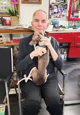 Meet Tom, co-owner, manager, and dog dad! - Hi, I'm Tom. I chose the picture with my beloved Italian Greyhound Lucca because having and loving a dog opens your heart - which also means I'm a better person to my wonderful clients.
I've been a barber since, ahem, a long time. And I'm grateful to have so many loyal clients, where there is so much trust and goodwill. (And they like my haircuts!) Meet Tom, co-owner, manager, and dog dad! - Hi, I'm Tom. I chose the picture with my beloved Italian Greyhound Lucca because having and loving a dog opens your heart - which also means I'm a better person to my wonderful clients.
I've been a barber since, ahem, a long time. And I'm grateful to have so many loyal clients, where there is so much trust and goodwill. (And they like my haircuts!)