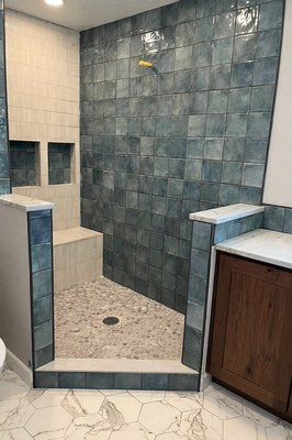 Bathroom remodel - This was a custom tile job involving several different tiles and grouts. Also drywall repair and texture match to ceilings and walls and more. Bathroom remodel - This was a custom tile job involving several different tiles and grouts. Also drywall repair and texture match to ceilings and walls and more.