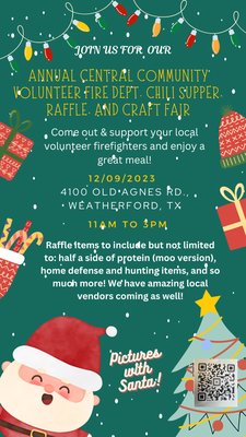 Annual Central Community Fire Department Chili Supper, Raffle and Craft Fair! - Come out and support your local Volunteer Fire Department! Get a drip or injection, shop for Christmas gifts, eat some chili and take pictures with Santa! December 9th from 11 to 3! Annual Central Community Fire Department Chili Supper, Raffle and Craft Fair! - Come out and support your local Volunteer Fire Department! Get a drip or injection, shop for Christmas gifts, eat some chili and take pictures with Santa! December 9th from 11 to 3!
