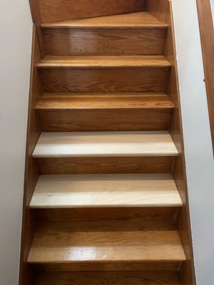 Stair replacement and color match. - These old treads had cracked and lost their structural integrity. The homeowners felt they weren’t safe anymore and wanted them replaced, and matched to the existing treads. Stair replacement and color match. - These old treads had cracked and lost their structural integrity. The homeowners felt they weren’t safe anymore and wanted them replaced, and matched to the existing treads.