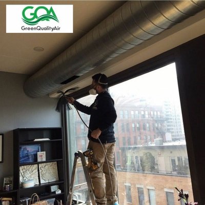 Commercial air duct cleaning - February 2024 - The air duct cleaning service was performed in a commercial building with a high ceiling.  The vents were black because they hadn't cleaned the air ducts for over 12 years.  We performed a thorough cleaning of the entire air system, and disinfected the ducts.  Now the employees and customers feel the change in the air.