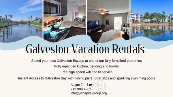 Fully Furnished Vacation Rental Home in Galveston - Reserve your Stay Today!! - Island Bay welcomes you home to the best of waterfront living in Galveston. Our property boasts gorgeous landscaping and convenient access to private fishing piers, boat ramps, and waterways.
Our pet-friendly, Stylish 2x2 water front apartment home features all the comforts of home, within a gated community complete with several pools, a turtle pond with fountain, 24hr gym, pet park, and billiards. 1 mile from the beach and a 10 -min stroll to Moody Gardens and Schlitterbahn Waterpark, this is Galveston living at its best. Welcome to our charming 2-bedroom Island Bay apartment in beautiful Galveston! With its prime location just a few blocks from the beach and within walking distance to the renowned Moody Gardens, this is the perfect vacation rental for those looking to enjoy the sun, sand, and attractions of this vibrant coastal city.
Our apartment's location is simply unbeatable. You'll be just a few blocks away from the beach, where you can spend your days sunbathing, swimming, or building sandcastles. Moody Gardens, a popular tourist attraction featuring stunning botanical gardens and various family-friendly exhibits, is within easy walking distance. Immerse yourself in the beauty of nature and explore the aquarium, rainforest, and other captivating attractions.
Step outside and embrace the warm Galveston sunshine in our lovely outdoor areas. Enjoy your morning coffee or an evening drink on the patio, surrounded by lush greenery. Soak up the coastal breeze and plan your day's adventures.
Additionally, we are thrilled to provide our guests with access to a nearby fishing pier, perfect for those who enjoy casting a line and reeling in the catch of the day. We understand the allure of fishing in Galveston, and we've made it easier for you by offering complimentary fishing rods and gear during your stay. Whether you're an experienced angler or a beginner looking to try your hand at fishing, this is an excellent opportunity to immerse yourself in the local maritime culture. Furthermore, if you're bringing your own boat, our apartment complex offers a convenient boat dock that you are welcome to utilize. Explore the nearby waters, set sail, and create unforgettable memories on the stunning Gulf Coast.
Indulge in a stylish and playful atmosphere featuring two spacious bedrooms, each designed to provide a restful night's sleep. The master bedroom and second bedroom both boasts a comfortable King-sized bed, and the sofa--while not a sofa bed per se--is still capable of accommodating one person.
Soft linens and ample storage space are provided for your convenience. Whether you're a couple, a small family, or a group of friends, our apartment can comfortably accommodate you.
The living area is a comfortable space where you can relax after a day of exploring Galveston. Sink into the plush sofa and watch your favorite shows on the smart TV's located in the living room and primary bedroom or simply enjoy the company of your loved ones. High-speed Wi-Fi is available throughout the apartment, keeping you connected during your stay.
A fully equipped kitchen awaits you. Prepare delicious home-cooked meals using fresh local ingredients or heat up leftovers from one of Galveston's fantastic restaurants. The adjacent dining area provides a cozy spot to enjoy your meals together.
Come and experience Galveston's beauty and hospitality from the comfort of our delightful 2-bedroom apartment. Book your stay now and start creating unforgettable memories. We look forward to hosting you! Fully Furnished Vacation Rental Home in Galveston - Reserve your Stay Today!! - Island Bay welcomes you home to the best of waterfront living in Galveston. Our property boasts gorgeous landscaping and convenient access to private fishing piers, boat ramps, and waterways.
Our pet-friendly, Stylish 2x2 water front apartment home features all the comforts of home, within a gated community complete with several pools, a turtle pond with fountain, 24hr gym, pet park, and billiards. 1 mile from the beach and a 10 -min stroll to Moody Gardens and Schlitterbahn Waterpark, this is Galveston living at its best. Welcome to our charming 2-bedroom Island Bay apartment in beautiful Galveston! With its prime location just a few blocks from the beach and within walking distance to the renowned Moody Gardens, this is the perfect vacation rental for those looking to enjoy the sun, sand, and attractions of this vibrant coastal city.
Our apartment's location is simply unbeatable. You'll be just a few blocks away from the beach, where you can spend your days sunbathing, swimming, or building sandcastles. Moody Gardens, a popular tourist attraction featuring stunning botanical gardens and various family-friendly exhibits, is within easy walking distance. Immerse yourself in the beauty of nature and explore the aquarium, rainforest, and other captivating attractions.
Step outside and embrace the warm Galveston sunshine in our lovely outdoor areas. Enjoy your morning coffee or an evening drink on the patio, surrounded by lush greenery. Soak up the coastal breeze and plan your day's adventures.
Additionally, we are thrilled to provide our guests with access to a nearby fishing pier, perfect for those who enjoy casting a line and reeling in the catch of the day. We understand the allure of fishing in Galveston, and we've made it easier for you by offering complimentary fishing rods and gear during your stay. Whether you're an experienced angler or a beginner looking to try your hand at fishing, this is an excellent opportunity to immerse yourself in the local maritime culture. Furthermore, if you're bringing your own boat, our apartment complex offers a convenient boat dock that you are welcome to utilize. Explore the nearby waters, set sail, and create unforgettable memories on the stunning Gulf Coast.
Indulge in a stylish and playful atmosphere featuring two spacious bedrooms, each designed to provide a restful night's sleep. The master bedroom and second bedroom both boasts a comfortable King-sized bed, and the sofa--while not a sofa bed per se--is still capable of accommodating one person.
Soft linens and ample storage space are provided for your convenience. Whether you're a couple, a small family, or a group of friends, our apartment can comfortably accommodate you.
The living area is a comfortable space where you can relax after a day of exploring Galveston. Sink into the plush sofa and watch your favorite shows on the smart TV's located in the living room and primary bedroom or simply enjoy the company of your loved ones. High-speed Wi-Fi is available throughout the apartment, keeping you connected during your stay.
A fully equipped kitchen awaits you. Prepare delicious home-cooked meals using fresh local ingredients or heat up leftovers from one of Galveston's fantastic restaurants. The adjacent dining area provides a cozy spot to enjoy your meals together.
Come and experience Galveston's beauty and hospitality from the comfort of our delightful 2-bedroom apartment. Book your stay now and start creating unforgettable memories. We look forward to hosting you!