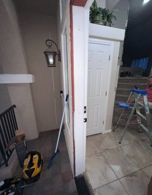 Frame Replacement - client had a kicked in front door. when it got kicked in frame got damaged. we replaced that side of framed and reinforced it with bigger strike plate. long screws were added to reached studs of house. call or text 702 5757329