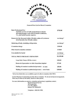 Central Montana Crematorium Price List - This is our price list for all required services. Central Montana Crematorium Price List - This is our price list for all required services.