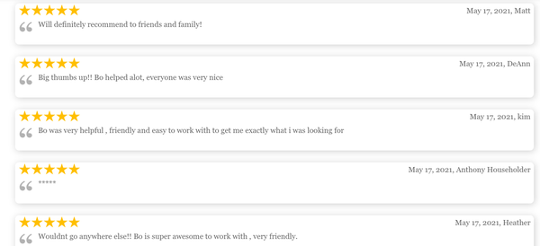 5 Star Client Testimonials - We are new to Yelp, so we haven't had the opportunity to really show you who we are. However, we are rated 4.9 stars on both Facebook and Google! We look forward to the opportunity to give you the best car buying experience, and we cannot wait to welcome you to the Thorpe Automotive family! 5 Star Client Testimonials - We are new to Yelp, so we haven't had the opportunity to really show you who we are. However, we are rated 4.9 stars on both Facebook and Google! We look forward to the opportunity to give you the best car buying experience, and we cannot wait to welcome you to the Thorpe Automotive family!