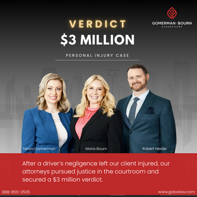 Results for Personal Injuries Cases - At Gomerman | Bourn & Associates, we fight for justice for injury victims across California. Our attorneys have secured millions of dollars in verdicts and settlements for clients hurt in accidents, unsafe conditions, and other preventable situations. While many cases resolve through settlement, we are ready to take a case to trial when needed; insurance companies know we don’t back down. From car accidents to slip-and-falls, workplace injuries, and catastrophic claims, we work tirelessly to recover the compensation our clients deserve. Results for Personal Injuries Cases - At Gomerman | Bourn & Associates, we fight for justice for injury victims across California. Our attorneys have secured millions of dollars in verdicts and settlements for clients hurt in accidents, unsafe conditions, and other preventable situations. While many cases resolve through settlement, we are ready to take a case to trial when needed; insurance companies know we don’t back down. From car accidents to slip-and-falls, workplace injuries, and catastrophic claims, we work tirelessly to recover the compensation our clients deserve.