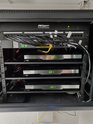 Wall Mount Rack - This rack was installed in place of a giant closet. Network switches and HDMI balun's with IR receivers were ran to all locations via Cat6 cable.