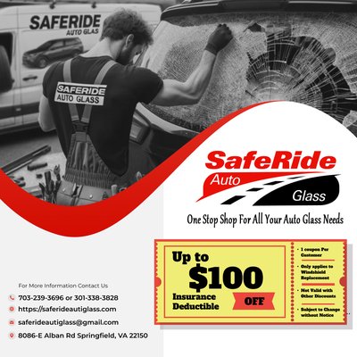 Complete Auto Glass Replacement & Repair - One Stop Shop For All Your Auto Glass Needs! SafeRideAuto Glass, a trusted auto glass shop serving the Metro Washington, DC area, specializes in comprehensive auto glass services, including windshield replacement, door glass, back glass, sunroof, vent, and quarter glass replacement, as well as chip repair and Advanced Driver Assistance Systems (ADAS) Re-Calibration for lane departure and lane keep assist systems. Our certified technicians are committed to providing same-day or scheduled services tailored to your needs. For added convenience, we offer mobile windshield replacement and repair services. We accept all major insurance providers."