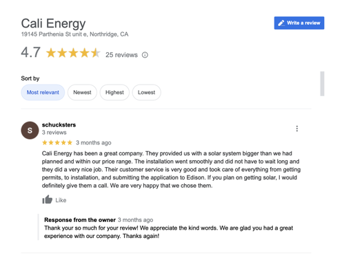 Reviews | References | Testimonials - Thank you for considering Cali Energy for your upcoming project. We believe in transparency so please feel free to read through other reviews collected online. All reviews can be reference don our Google & Facebook accounts through a search. Reviews | References | Testimonials - Thank you for considering Cali Energy for your upcoming project. We believe in transparency so please feel free to read through other reviews collected online. All reviews can be reference don our Google & Facebook accounts through a search.