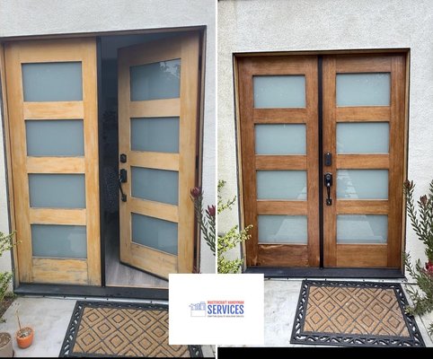 Front Door Refinishing - We refinished this modern front entry door in Venice, CA. The wood had faded from sun and moisture, so we stripped the old finish, lightly sanded the surface, and applied a fresh protective coat to revive the natural tone. We reinstalled all the hardware and ensured the frosted glass remained clean and sealed. The result is a beautiful, refreshed look that complements the home’s exterior. Front Door Refinishing - We refinished this modern front entry door in Venice, CA. The wood had faded from sun and moisture, so we stripped the old finish, lightly sanded the surface, and applied a fresh protective coat to revive the natural tone. We reinstalled all the hardware and ensured the frosted glass remained clean and sealed. The result is a beautiful, refreshed look that complements the home’s exterior.
