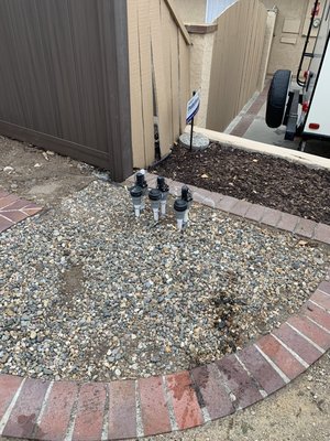 New irrigation installation in Poway. - This irrigation system was rebuild from front to back. By installing a Pressure vacuum breaker and pressure regulator the system pressure was set perfect for the function of each zone or valve. All valves were installed inline and underground. The new system is all drip. Inline Netafim and punch in emitters with pressure compensation and exact water application amounts were used. All new drip components have check valves to prevent low drainage and keeping the irrigation lines filled for next scheduled watering. All plants and trees received exact measured amounts of water for optimum plant health. Different hydro zones were created for veggie garden, fruit trees and succulent areas. A Hunter Hydrawise WIFI controller with local weather station data was installed to control watering based on app driven control and watering parameters. Call me to get your irrigation installed right with no question marks. New irrigation installation in Poway. - This irrigation system was rebuild from front to back. By installing a Pressure vacuum breaker and pressure regulator the system pressure was set perfect for the function of each zone or valve. All valves were installed inline and underground. The new system is all drip. Inline Netafim and punch in emitters with pressure compensation and exact water application amounts were used. All new drip components have check valves to prevent low drainage and keeping the irrigation lines filled for next scheduled watering. All plants and trees received exact measured amounts of water for optimum plant health. Different hydro zones were created for veggie garden, fruit trees and succulent areas. A Hunter Hydrawise WIFI controller with local weather station data was installed to control watering based on app driven control and watering parameters. Call me to get your irrigation installed right with no question marks.