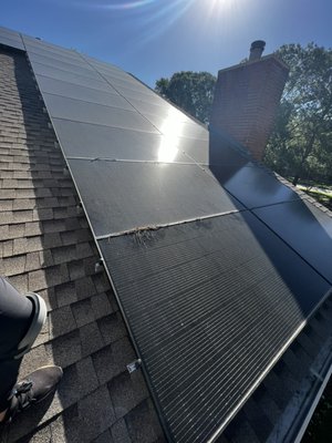 Solar Panel Cleaning - For this project we did a standard solar panel cleaning. We removed excess water stains and the spring seasons pollen residue. Solar panel cleaning/maintenance increases solar input by removing anything that obstructs the solar panel from receiving its full input draw from solar energy. Solar Panel Cleaning - For this project we did a standard solar panel cleaning. We removed excess water stains and the spring seasons pollen residue. Solar panel cleaning/maintenance increases solar input by removing anything that obstructs the solar panel from receiving its full input draw from solar energy.