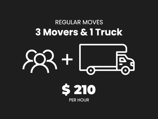 REGULAR MOVES – $210 PER HOUR - A 3 mover team is necessary for 3 bedroom apartments and homes that are between 1,300-1,800 sqft. This team ensures a smooth, efficient move with expert handling and reliable service every step of the way. REGULAR MOVES – $210 PER HOUR - A 3 mover team is necessary for 3 bedroom apartments and homes that are between 1,300-1,800 sqft. This team ensures a smooth, efficient move with expert handling and reliable service every step of the way.